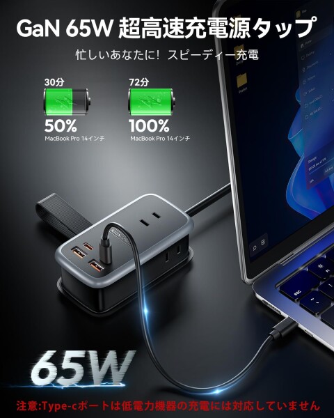 NTONPOWER 65W 電源タップ 薄型プラグ 延長コード 1.27m PD 急速充電 巻き取り式 7-in-1 3個AC口 2USB-Cポート 2USB-Aポート 壁掛け/テーブル 軽量小型 スマホ/ノートPC/タブレットその他の電子機器に