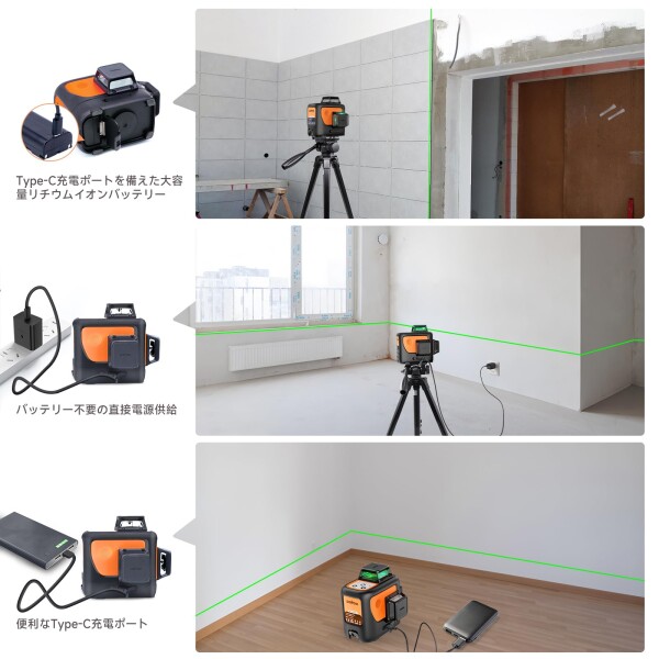 DOVOH レーザー墨出し器3x360°12ライン グリーンレーザーレベル 高精度レーザー水平器 フルライン 自動補正 Type-C充電可能 受光器対応 Y3-360G_2