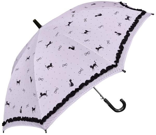軽くて丈夫なグラスファイバー骨 猫 リボン 水玉 フリル付 かわいい 55cm ジャンプ傘 （パープル）