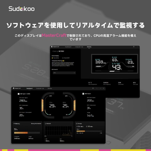 Sudokoo SK700V ホワイト AM5 CPUクーラー：7ヒートパイプ CPUエアクーラー（デジタル表示付き）AM5専用 - シングルタワーPC冷却 120mm FDB PWM静音ファン＆Lレールロックマウント_3
