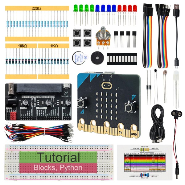 Freenove Basic Starter Kit for BBC micro:bit（V2を含む）、179ページの詳細なチュートリアル、162アイテム、27プロジェクト、ブロックとPythonコード