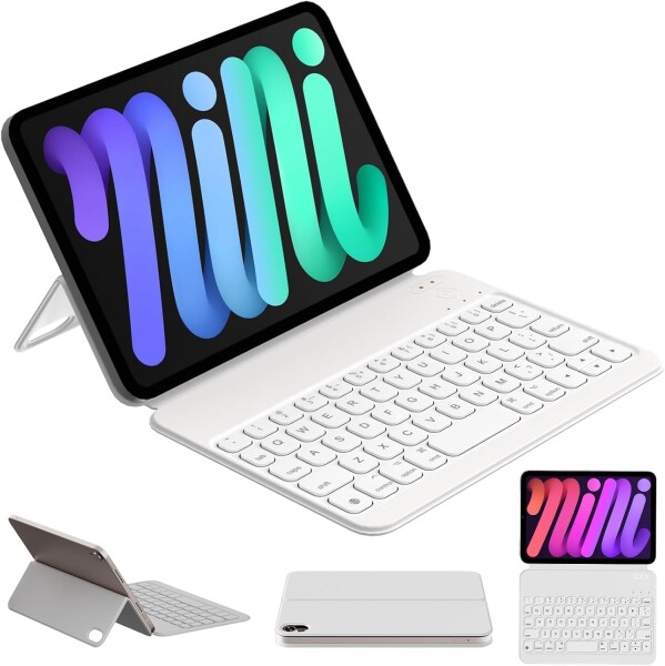業界超薄・軽量】HOU 対応 iPad mini 6/7(A17 Pro)キーボード付きケース、0-180°角度調整、マグネット充電、残量表示、傷や摩耗に強いセミシリコンPU生地、開口部なし設計、【英?配列