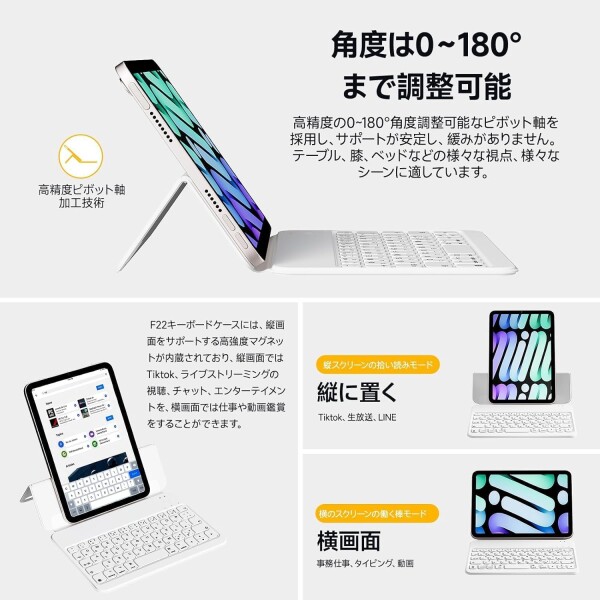 業界超薄・軽量】HOU 対応 iPad mini 6/7(A17 Pro)キーボード付きケース、0-180°角度調整、マグネット充電、残量表示、傷や摩耗に強いセミシリコンPU生地、開口部なし設計、【英?配列_2