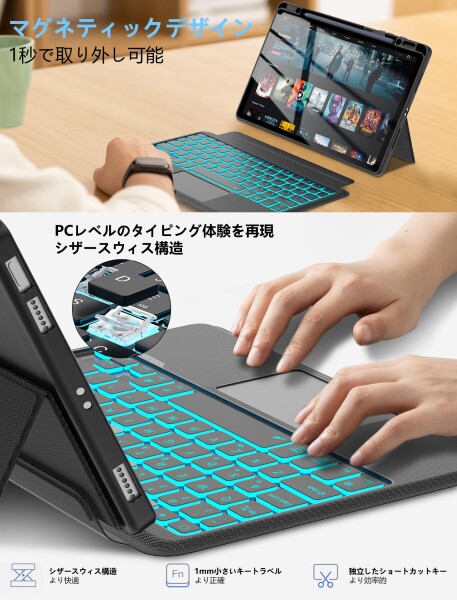 ipad Air (M3/M2) 13インチ ケース ipad pro 12.9インチ 第6/5/4/3世代用 キーボードタッチパッド付き 7色バックライト 横置き 縦置き 軽量 磁気吸着 分離式 ワイヤレス bluetoothキーボードカバー ペ_3
