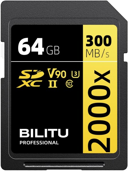 BILITU 64GB プロフェッショナルSDメモリーカード、UHS-II、V90、フルHD、4Kビデオ、最大280MB/秒の読み取り速度。プロの写真家、ビデオグラファー、愛好家に最適。