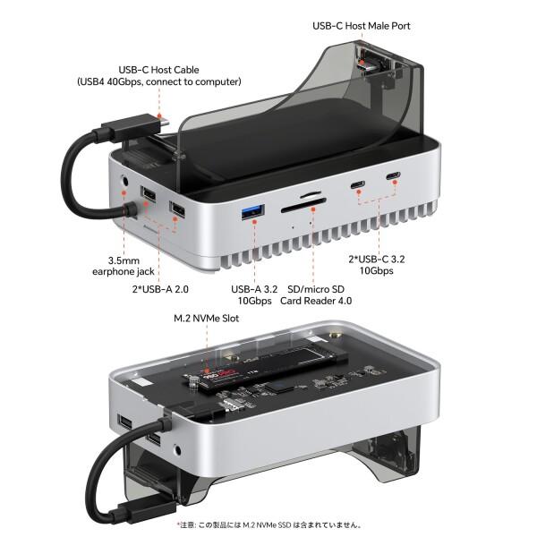 Qwiizlab Mac mini M4/M4 Pro スタンドハブ 40Gbps NVMe SSDエンクロージャ付き ドッキングステーション USB-A 10Gbps TF/SD 4.0カードリーダー 312MB/秒 USB-A 2.0 M.2 PCIe最大8TBに対応