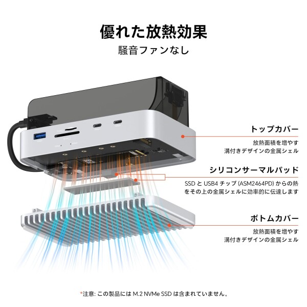 Qwiizlab Mac mini M4/M4 Pro スタンドハブ 40Gbps NVMe SSDエンクロージャ付き ドッキングステーション USB-A 10Gbps TF/SD 4.0カードリーダー 312MB/秒 USB-A 2.0 M.2 PCIe最大8TBに対応
