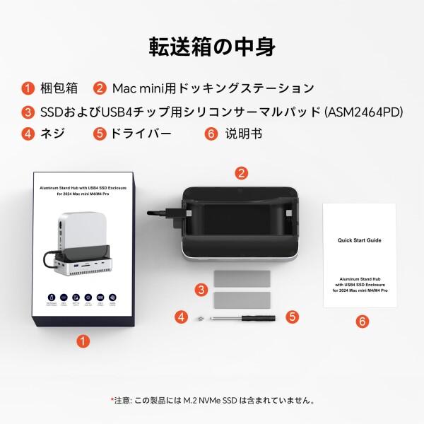 Qwiizlab Mac mini M4/M4 Pro スタンドハブ 40Gbps NVMe SSDエンクロージャ付き ドッキングステーション USB-A 10Gbps TF/SD 4.0カードリーダー 312MB/秒 USB-A 2.0 M.2 PCIe最大8TBに対応