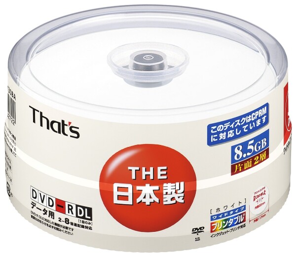 太陽誘電製 That's DVD-Rデータ用 CPRM対応8倍速8.5GB ワイドプリンタブル スピンドルケース30枚入 DR-C85WWY30BA