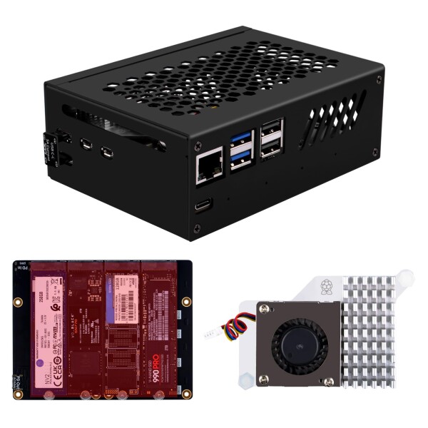 GeeekPi N16 Quad M.2 M-Key NVMe SSDハット メタルケースとアクティブクーラー付き Raspberry Pi 5用 M.2 NVMe M-Key 2230/2242/2260/2280 SSD対応