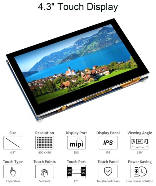 waveshare 4.3インチ DSI LCDディスプレイ Raspberry Pi 4B/3B+/3A+/3B/2B/B+/A+/Compute Module 3+/3/4 800×480 タッチスクリーン容量性IPSスクリーンモニター Raspbian/Ubuntu/Kali /WIN10 IoT/Retropie対応_1