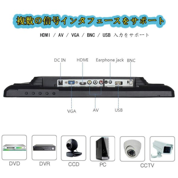 19インチ ワイドスクリーン HDMI HDモバイルモニター LCD 監視カメラ CCTVカメラ PCモニター AV/VGA/BNC/USB入力 内蔵の デュアルスピーカー 日本語がある_5