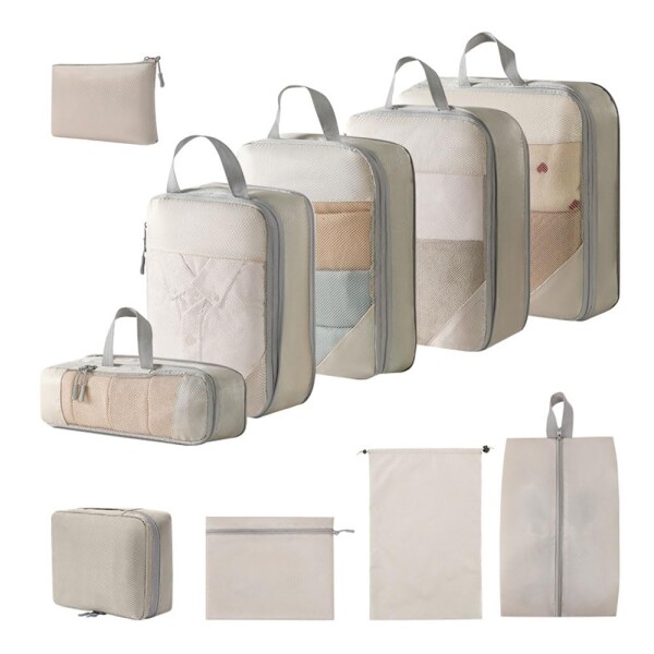 トラベルポーチ 10点セット 旅行用収納ポーチ 衣類収納 シューズバッグ 化粧ポーチ 洗面用具ポーチ 軽量 コンパクト 旅行便利グッズ (ベージュ)