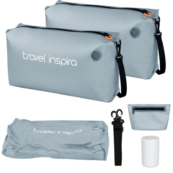 圧縮トラベルバッグ 収納「2枚+電動ポンプ+洗面ポーチ」 22L大容量 衣類50%圧縮可能 3WAY 手動/真空両モード TPU防穿刺素材 完全防水防塵 旅行/収納/浴室掛け対応 スレートブルー