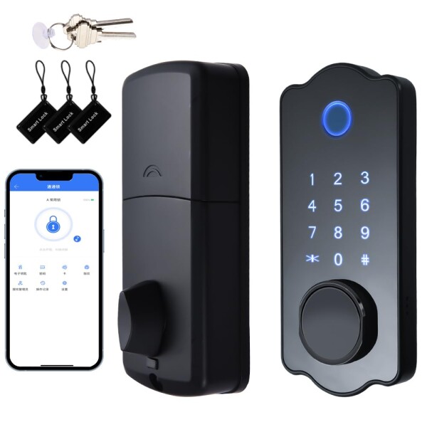 HEIYE 指紋認証ドアロックキーレスエントリースマートドアロック防水オートロック5 in 1 TTlockアプリICカード150コード電子指紋ドアロックフロントドア用ハンドルレバーセット付き