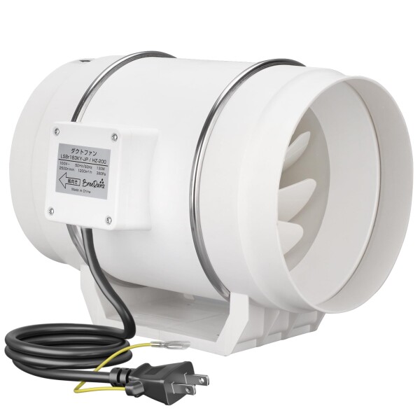 BreeRainz ダクトファン Φ200mm ダクト用換気扇 1200m?/h 大風量 強力 省エネ 排気ファン 中間取付 塗装ブース用 家焼肉 家庭用 業務用 排風機 丸形タイプ 日本仕様電源プラグ (200mm)
