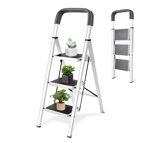 脚立 折りたたみ 手すり付き 滑り止め 高耐荷重 軽量 コンパクト 組立不要 室内屋外 (ホワイト, 3段)