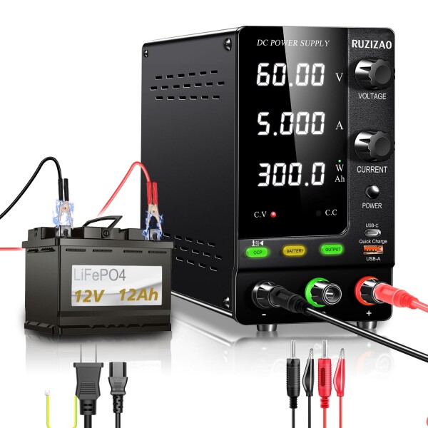 RUZIZAO 安定化電源 60V 5A 4桁電圧電流電力表示 エンコーダ調整 デスクトップ電源 スイッチング電源 6V 12V 24V 36V 48V 60V 電池充電用 可変直流安定化電源 めっき 実験室用直流安定化電源 電気