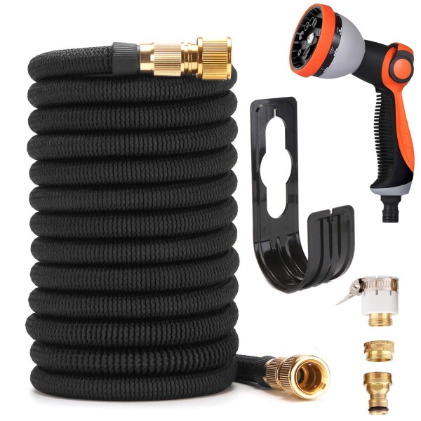 JIANLEI 伸びるホース 黒 散水ホース 金属コネクタ 3倍伸びる 10ｍから30ｍまで 洗車 水やり 庭 ベランダ 園芸 花壇 大掃除用