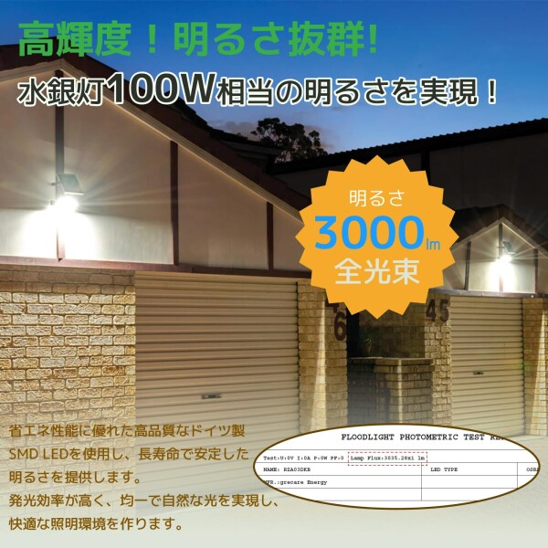 grecare ソーラーライト 屋外 投光器 看板ライト 3000lm Li-ion電池 28.86Wh 長時間点灯IP65防水 電球色 昼光色 2色切替 重耐塩形 耐風速 耐衝撃 夜間自動点灯 街灯 駐車場灯 作業灯 常夜灯 防災・_2