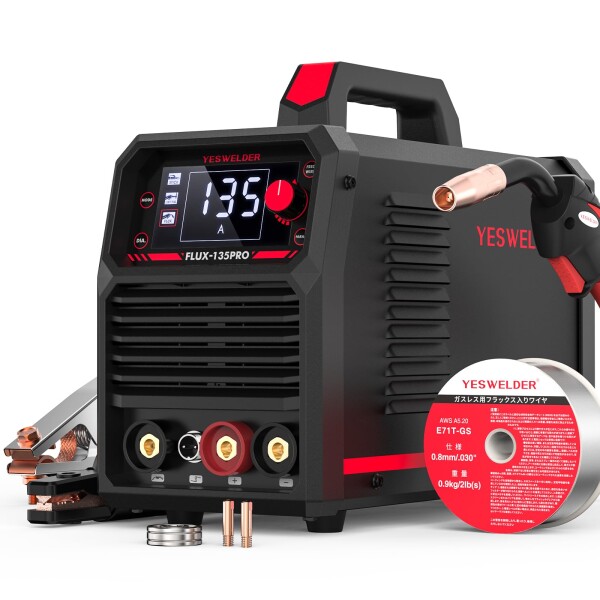 YESWELDER 半自動溶接機 最大出力135A100V?200V兼用 1台3役 ノンガスMIG?被覆アーク?LIFT TIGに対応 大型LEDデジタル画面 電流?電圧?インダクタンス調整可能 付属ワイヤ 定格使用率60％ 初心者向