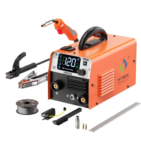HITBOX HBM200 半自動溶接機 100V 200V兼用 1台3役 アーク溶接機 小型 家庭用溶接機 最大出力200A 薄板と板厚対応 ノンガスMIG/被覆アークMMA/LIFT TIG 溶接 定格使用率40％ インバーター 溶接ワイヤ