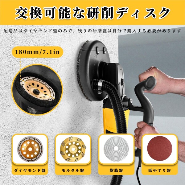 Howhite コンクリートカンナ 7段階変速可能 高速型 コンクリートの研磨 壁カンナ 電動グラインダー 壁面研削 モルタル レンガ 石材 研磨 ダイヤモンドディスク付き ディスク径180mm 日本語_1
