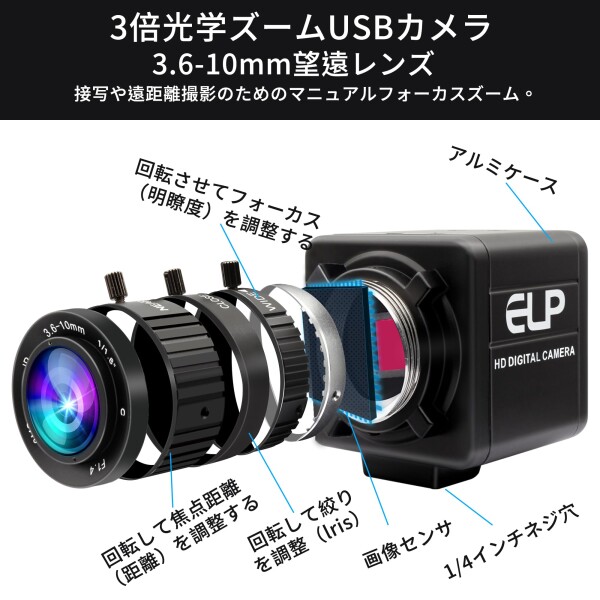 ELP マニュアルズームウェブカメラ1200万画素3.6-10mm可変焦点Webカメラコンピューター用12MP高速UVC USB2.0 PCカメラ 1080P 120fps デスクトップコンピューター用産業用USBセキュリティカメラ3倍ズ_1