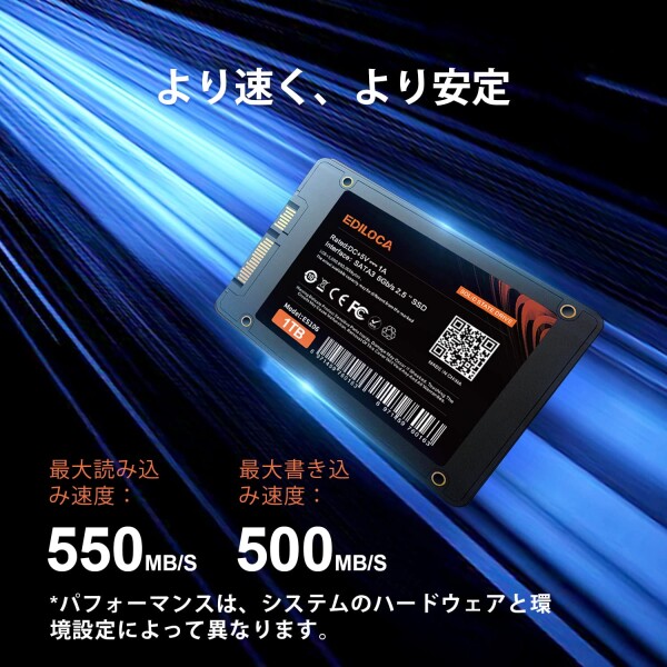EDILOCA ES106 SSD 1TB 2.5インチ 7mm SATA3 6Gb/s 3D NAND TLC採用 内蔵型SSD エラー訂正機能 低消費電力 耐震 耐衝撃 3年保証 (1 TB)_1
