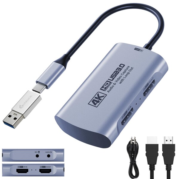 Guermok 4K@60FPS録画対応 HDMIキャプチャカード｜USB-C接続（USB-C→Aアダプター付属）｜4K@60Hzパススルー｜1080P@240FPS｜3.5mmオーディオ入力・マイク出力｜Switch 2/1・PS5/4・Quest 3・Xbox・iPad・Mac・PC