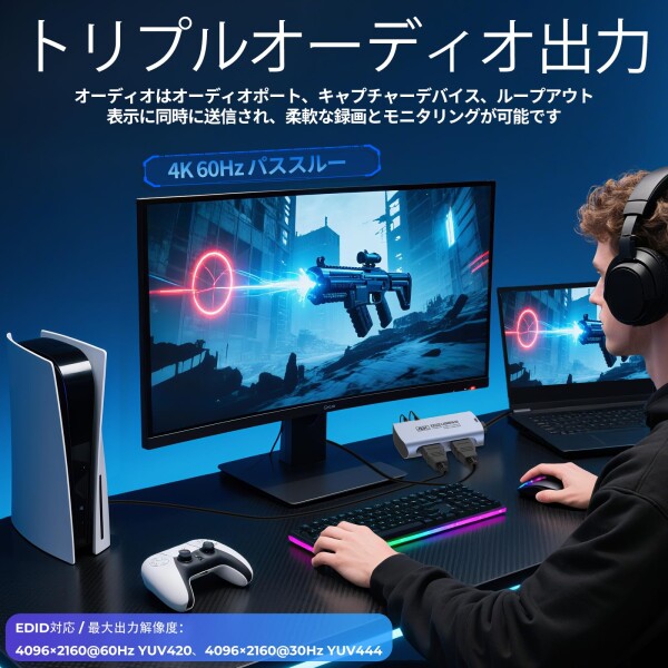 Guermok 4K@60FPS録画対応 HDMIキャプチャカード｜USB-C接続（USB-C→Aアダプター付属）｜4K@60Hzパススルー｜1080P@240FPS｜3.5mmオーディオ入力・マイク出力｜Switch 2/1・PS5/4・Quest 3・Xbox・iPad・Mac・PC_1