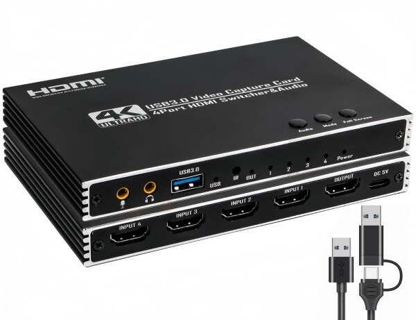 キャプチャーボード Switch対応 4入力1出力 機能を搭載しています 1080P 60Hz 4画面 同時ビデオキャプチャー USB3.0高速伝送 低遅延 ゲーム実況生配信ライブ、ビデオ会議録画、リアルタイムス