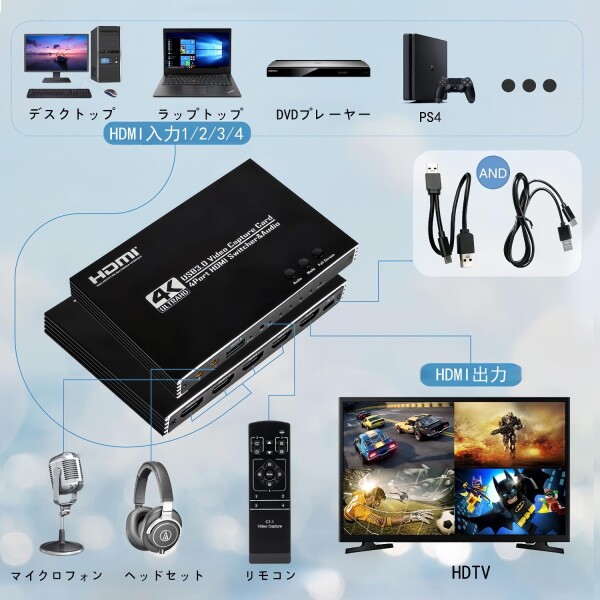 キャプチャーボード Switch対応 4入力1出力 機能を搭載しています 1080P 60Hz 4画面 同時ビデオキャプチャー USB3.0高速伝送 低遅延 ゲーム実況生配信ライブ、ビデオ会議録画、リアルタイムス_1