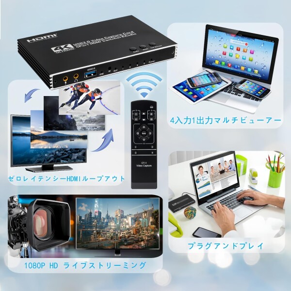 キャプチャーボード Switch対応 4入力1出力 機能を搭載しています 1080P 60Hz 4画面 同時ビデオキャプチャー USB3.0高速伝送 低遅延 ゲーム実況生配信ライブ、ビデオ会議録画、リアルタイムス_6