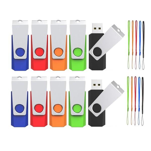 USBメモリ 64GB 10個セットWooolken USB2.0 360度回転式設計軽量フラッシュドライブストラップ付きデータ保存とバックアップ用のUSBスティック