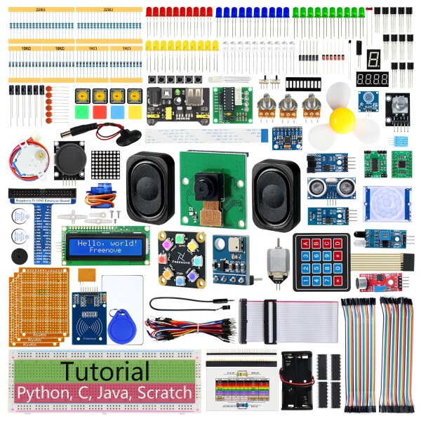 Freenove Raspberry Pi 5 4B 3B+ 500 Zero 2W 完全スターターキット、1170ページのチュートリアル、Python C Java Scratch Processingコード、386点のアイテム、164プロジェクト、カメラスピーカー（Raspberry Piは