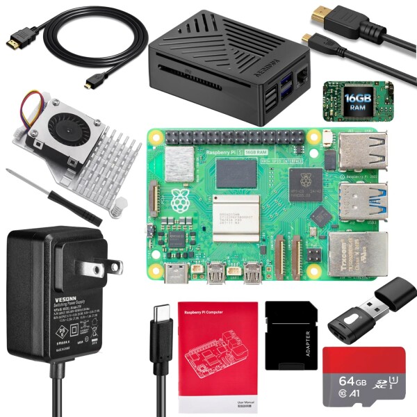 Vesonn Raspberry Pi5 16GBキット技適済 ラズベリーパイ5 16GBボード/27W GaN電源/64GBカード/アクティブクーラー/ドライバー/カードリーダー/Micro HDoutケーブル/説明書 ラズパイ5 16gb キット ラズパイ
