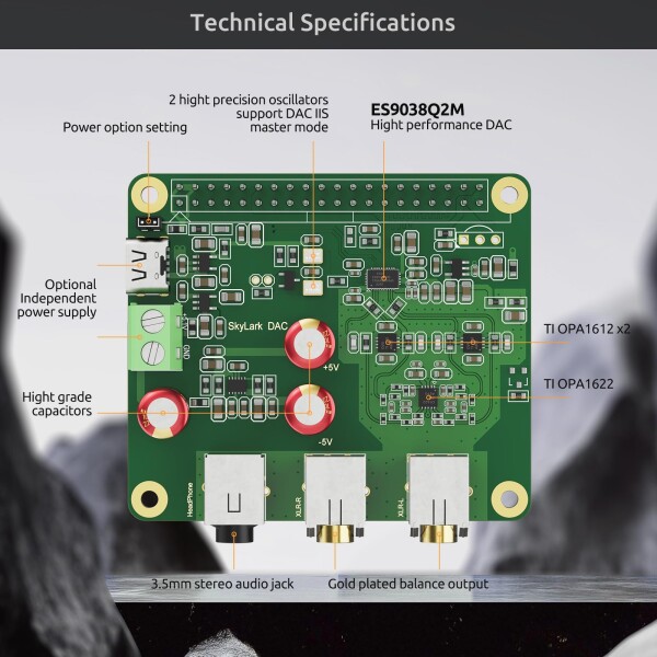 InnoMaker HiFi DAC Pro Hat ES9038Q2Mチップ搭載 Raspberry Pi 5/4/3B+/3B/Zero対応 - ハイレゾオーディオカード (PCM 384KHz/32bit &amp; DSD512)、DACコンバーター、Volumio/Moode対応、ヘッドホン＆バランス出力_2