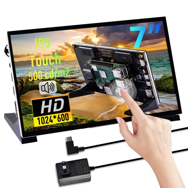 GeeekPi 7インチ 静電容量式タッチスクリーン Raspberry Pi用 HDMIモニター IPS 1024X600 LCDディスプレイ デュアルスピーカー付き Raspberry Pi 5/4B/3B+/3B用 Raspberry Piボードを取り付けるためのマウント