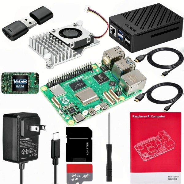 Sanoov Raspberry Pi5 16GB Kit Pi5 16GBRAM/64GB カード/ABS放熱ケース/アクティブクーラー/Pi5電源/カードリーダー*2/1.5m Mirco HDケーブル*2/Pi5マニュアル/日本語説明書/ ラズベリーパイ5 プログラミング