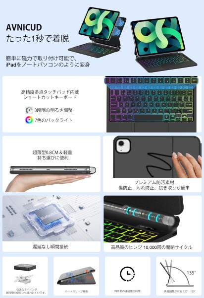 AVNICUD iPad Air 11インチ (M2 2024 / M3 2025) iPad Air 6 i-Pad A-ir 第5/4世代 キーボードケース マルチタッチジェスチャー対応 バックライト付き 磁気吸着 第4/3/2/1世代適用_1