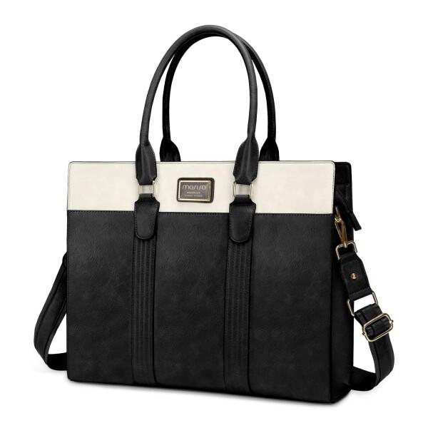 (MOSISO) 女性用 ラップトップケース、15.6インチ PU レザー ラップトップトートワークバッグ、16インチ 大容量 オフィス 旅行用、二重縦縞 ブリーフケース 撥水 ハンドバッグ ショルダーバ