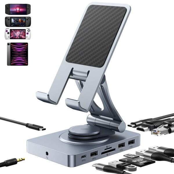 iPad ハブ スタンド 11-in-1 ドッキングステーション 4K@60Hz HDMI、RJ45ギガビット有線LAN、SD/TFカードリーダー、USB-A 3.0×3、USB-C PD給電ポート付き iPad Pro/iPad Air/Steam Deck/ROG Ally/Samsung Galaxy Tab/Xiaomi