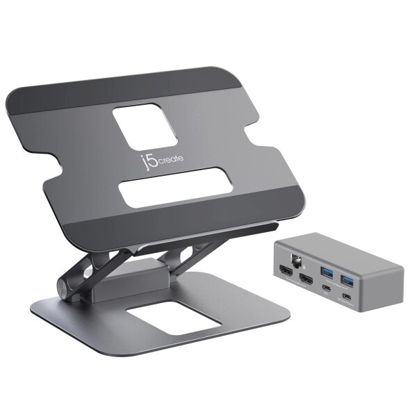 j5create ノートパソコンスタンド USB-C デュアル 4K@30 HDMIディスプレイハブ付き - USB-A 5Gbps×2, 4K30 HDMI x2, PD 100W, USB-C 5Gbps, イーサネット | MacBook/WindowsノートPC対応 アルミ製スタンド (JTS427)