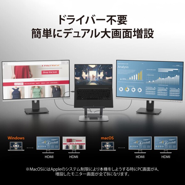 j5create ノートパソコンスタンド USB-C デュアル 4K@30 HDMIディスプレイハブ付き - USB-A 5Gbps×2, 4K30 HDMI x2, PD 100W, USB-C 5Gbps, イーサネット | MacBook/WindowsノートPC対応 アルミ製スタンド (JTS427)_4