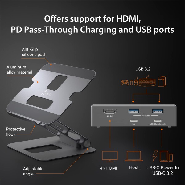 j5create ノートパソコンスタンド USB-C 4K@30Hz HDMIディスプレイハブ付き - USB-A 5Gbps×2、4K@30Hz HDMI、PD 100W、USB-C 5Gbps | MacBook/WindowsノートPC対応 アルミ製スタンド (JTS327)