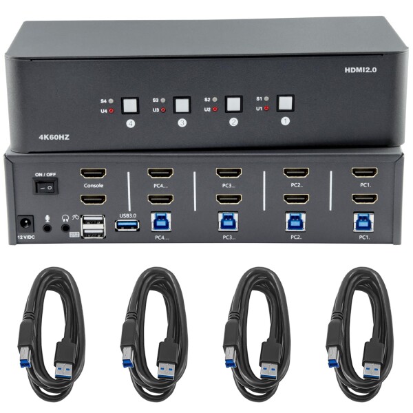 Bytecc KVM スイッチ 2 台のモニター、4 台のコンピューター、4 入力 2 出力、USB 3.0 ジャック付き 8k HDMI スイッチ、4 台のコンピューターでキーボードとマウス セットを共有、Windows/Mac/Linux