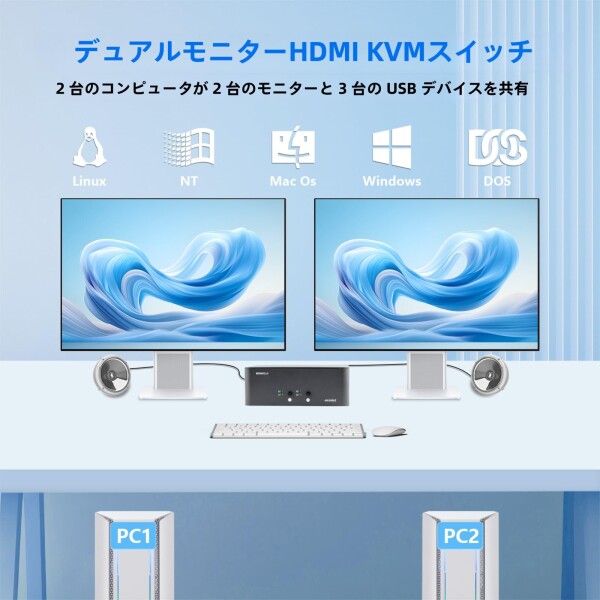 Bytecc KVM スイッチ 2 台のモニター、2 台のコンピューター、2 入力 2 出力、8k HDMI スイッチ、USB 3.0 ジャック付き、キーボードとマウスのセットを 2 台のコンピューターで共有、Windows/Mac/Lin_3