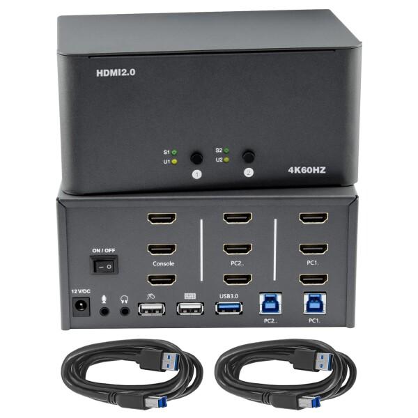 Bytecc KVM スイッチ 3 モニター、2 台のコンピューター、2 入力 3 出力、8k HDMI スイッチ、USB 3.0 ジャック付き、キーボードとマウス セットを 2 台のコンピューターで共有、Windows/Mac/Linux を