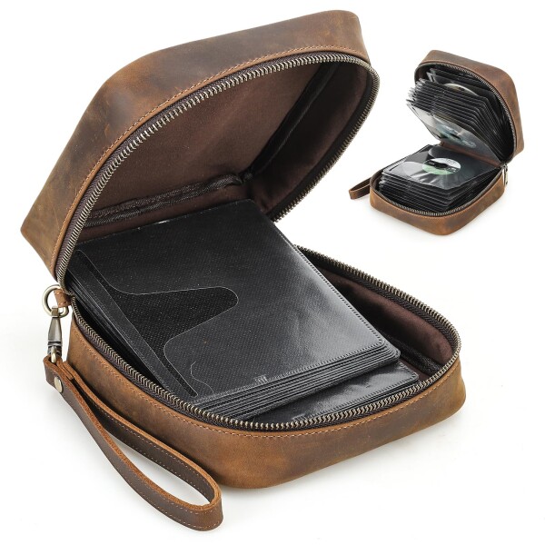 Contact's family CD/DVD 収納バック BD収納ケース 本革 56枚 大容量、携帯用リストストラップデザイン